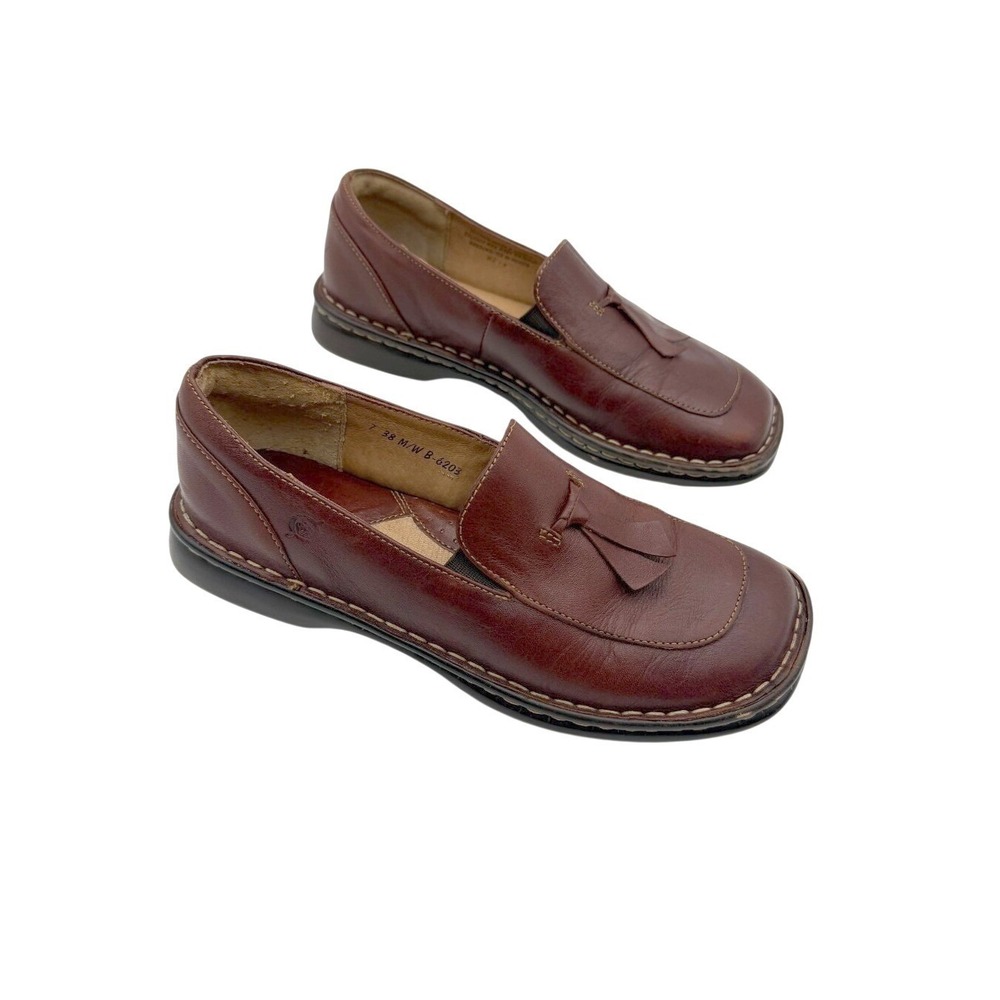 BØRN Womens Brown Leather Tassel Loafers Square Toe Academia Comfort Sz 7